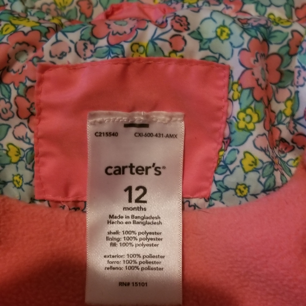 Carters 12M Pink, Lined Jacket, Hooded Coat